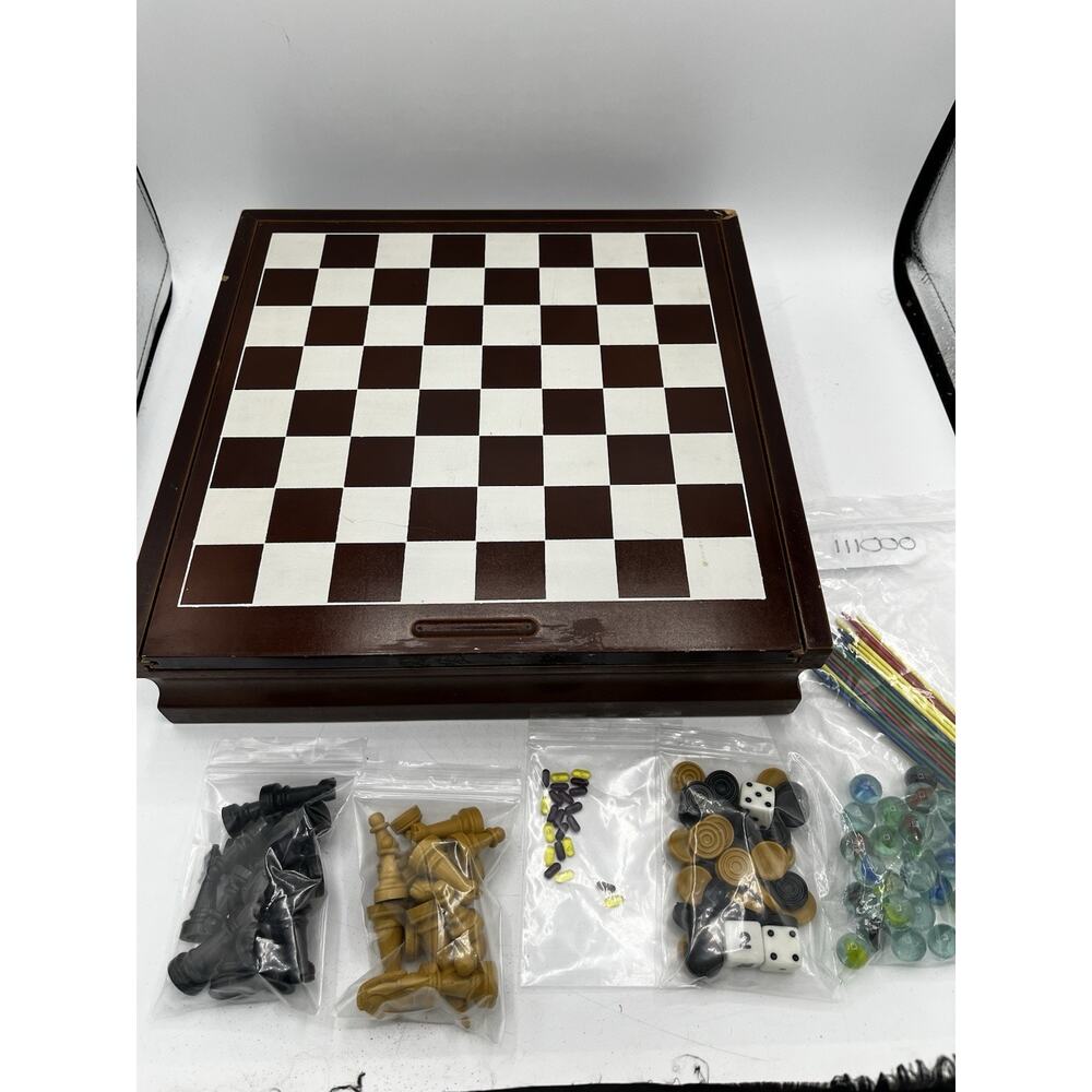 15-in-1 Wood Game Set Chess Checkers Backgammon Mancala Chinese Checkers AS IS